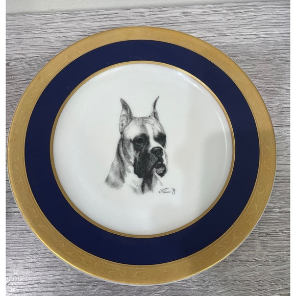 Rosalinde Other - Rosalinde Boxer Dog Porcelain‎ Plate Cobalt Blue Gold Rim Vladimir 1994 Artist